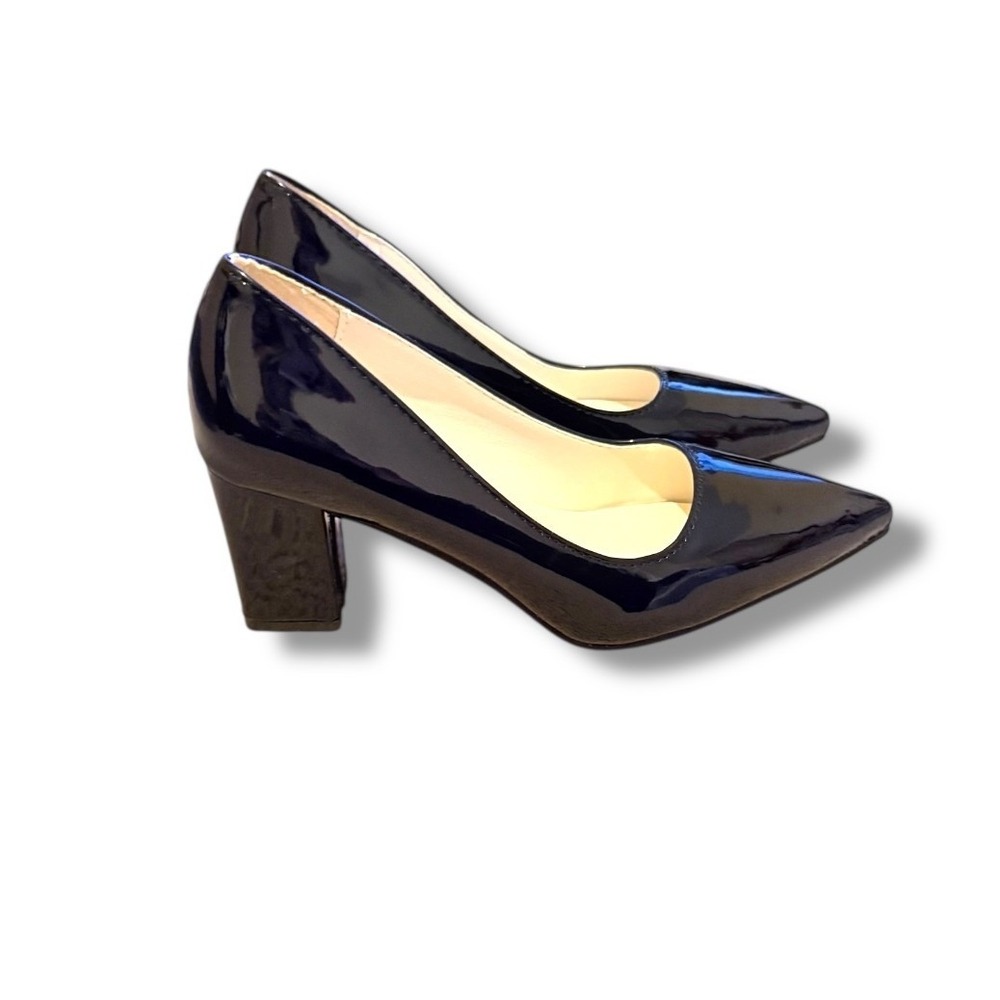 Fashion Pointed Toe Pumps Size 41 Black Faux Patent Leather Block Heel Classic